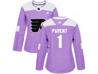 #1 Authentic Bernie Parent Purple Adidas NHL Women's Jersey Philadelphia Flyers Fights Cancer Practice