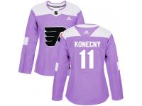 #11 Authentic Travis Konecny Purple Adidas NHL Women's Jersey Philadelphia Flyers Fights Cancer Practice