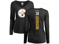 #18 Diontae Johnson Black Football Backer Slim Fit Women's Pittsburgh Steelers Long Sleeve T-Shirt