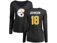 #18 Diontae Johnson Black Football Name & Number Logo Slim Fit Women's Pittsburgh Steelers Long Sleeve T-Shirt