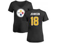 #18 Diontae Johnson Black Football Name & Number Logo Slim Fit Women's Pittsburgh Steelers T-Shirt