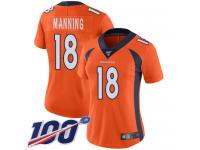 #18 Limited Peyton Manning Orange Football Home Women's Jersey Denver Broncos Vapor Untouchable 100th Season