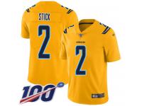 #2 Limited Easton Stick Gold Football Youth Jersey Los Angeles Chargers Inverted Legend 100th Season