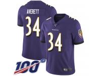 #34 Limited Anthony Averett Purple Football Home Men's Jersey Baltimore Ravens Vapor Untouchable 100th Season