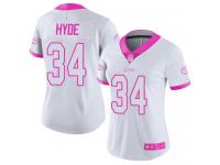 #34 Limited Carlos Hyde White Pink Football Women's Jersey Kansas City Chiefs Rush Fashion