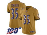 #35 Limited Gus Edwards Gold Football Men's Jersey Baltimore Ravens Inverted Legend 100th Season