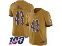 #43 Limited Justice Hill Gold Football Men's Jersey Baltimore Ravens Inverted Legend 100th Season