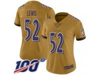 #52 Limited Ray Lewis Gold Football Women's Jersey Baltimore Ravens Inverted Legend 100th Season