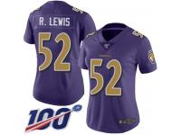 #52 Limited Ray Lewis Purple Football Women's Jersey Baltimore Ravens Rush Vapor Untouchable 100th Season