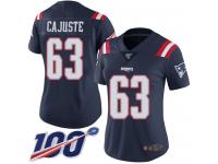 #63 Limited Yodny Cajuste Navy Blue Football Women's Jersey New England Patriots Rush Vapor Untouchable 100th Season