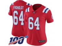 #64 Limited Hjalte Froholdt Red Football Alternate Women's Jersey New England Patriots Vapor Untouchable 100th Season