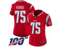 #75 Limited Ted Karras Red Football Women's Jersey New England Patriots Inverted Legend 100th Season
