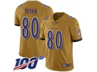 #80 Limited Miles Boykin Gold Football Men's Jersey Baltimore Ravens Inverted Legend 100th Season