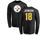 Men #18 Diontae Johnson Black Football Name & Number Logo Pittsburgh Steelers Long Sleeve T-Shirt