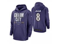 Men Baltimore Ravens #8 Lamar Jackson Purple Sideline Local Lockup Pullover Hoodie