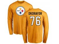 Men Nike Chukwuma Okorafor Gold Name & Number Logo - NFL Pittsburgh Steelers #76 Long Sleeve T-Shirt