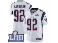 Men Nike New England Patriots #92 James Harrison White Vapor Untouchable Limited Player Super Bowl LIII Bound NFL Jersey