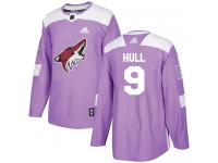 Men's Adidas Bobby Hull Authentic Purple NHL Jersey Arizona Coyotes #9 Fights Cancer Practice