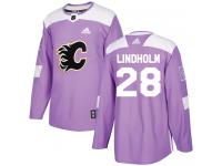Men's Adidas NHL Calgary Flames #28 Elias Lindholm Authentic Jersey Purple Fights Cancer Practice Adidas