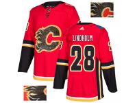 Men's Adidas NHL Calgary Flames #28 Elias Lindholm Authentic Jersey Red Fashion Gold Adidas