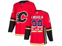 Men's Adidas NHL Calgary Flames #28 Elias Lindholm Authentic Jersey Red USA Flag Fashion Adidas