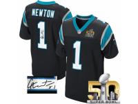 Men's Nike Carolina Panthers #1 Cam Newton Black Team Color Elite Autographed Super Bowl L NFL Jersey