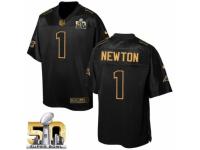 Men's Nike Carolina Panthers #1 Cam Newton Elite Black Pro Line Gold Collection Super Bowl 50 Bound NFL Jersey