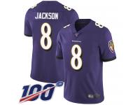 Ravens #8 Lamar Jackson Purple Team Color Youth Stitched Football 100th Season Vapor Limited Jersey