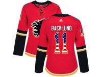 Women Adidas Calgary Flames #11 Mikael Backlund Red USA Flag Fashion NHL Jersey