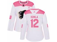 Women Adidas Calgary Flames #12 Jarome Iginla White/Pink Fashion NHL Jersey