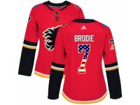 Women Adidas Calgary Flames #7 TJ Brodie Red USA Flag Fashion NHL Jersey