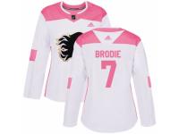 Women Adidas Calgary Flames #7 TJ Brodie White/Pink Fashion NHL Jersey