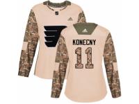 Women Adidas Philadelphia Flyers #11 Travis Konecny Camo Veterans Day Practice NHL Jersey