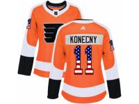 Women Adidas Philadelphia Flyers #11 Travis Konecny Orange USA Flag Fashion NHL Jersey