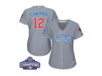 Women Majestic Chicago Cubs #12 Kyle Schwarber Authentic Grey Road 2016 World Series Champions Cool Base MLB Jersey