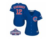 Women Majestic Chicago Cubs #12 Kyle Schwarber Authentic Royal Blue Alternate 2016 World Series Champions Cool Base MLB Jersey