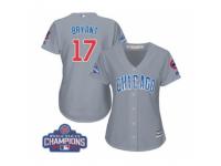 Women Majestic Chicago Cubs #17 Kris Bryant Authentic Grey Road 2016 World Series Champions Cool Base MLB Jersey