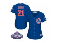 Women Majestic Chicago Cubs #21 Sammy Sosa Authentic Royal Blue Alternate 2016 World Series Champions Cool Base MLB Jersey