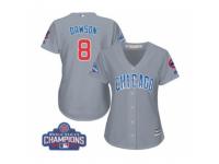 Women Majestic Chicago Cubs #8 Andre Dawson Authentic Grey Road 2016 World Series Champions Cool Base MLB Jersey