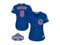 Women Majestic Chicago Cubs #8 Andre Dawson Authentic Royal Blue Alternate 2016 World Series Champions Cool Base MLB Jersey