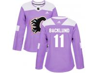 Women's Adidas NHL Calgary Flames #11 Mikael Backlund Authentic Jersey Purple Fights Cancer Practice Adidas