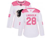 Women's Adidas NHL Calgary Flames #28 Elias Lindholm Authentic Jersey White Pink Fashion Adidas