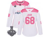 Women's Adidas Washington Capitals #68 Jaromir Jagr White Pink Authentic Fashion 2018 Stanley Cup Final NHL Jersey