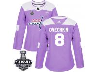 Women's Adidas Washington Capitals #8 Alex Ovechkin Purple Authentic Fights Cancer Practice 2018 Stanley Cup Final NHL Jersey