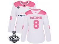 Women's Adidas Washington Capitals #8 Alex Ovechkin White Pink Authentic Fashion 2018 Stanley Cup Final NHL Jersey