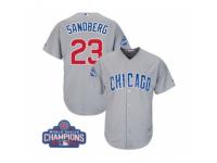 Youth Majestic Chicago Cubs #23 Ryne Sandberg Authentic Grey Road 2016 World Series Champions Cool Base MLB Jersey