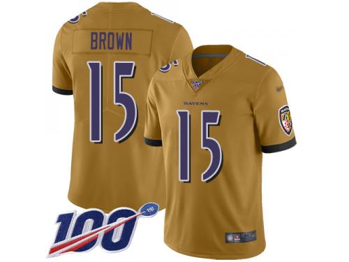 #15 Limited Marquise Brown Gold Football Men's Jersey Baltimore Ravens Inverted Legend 100th Season