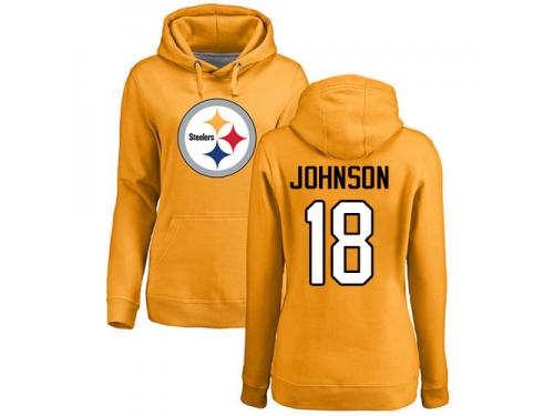 #18 Diontae Johnson Gold Football Name & Number Logo Women's Pittsburgh Steelers Pullover Hoodie