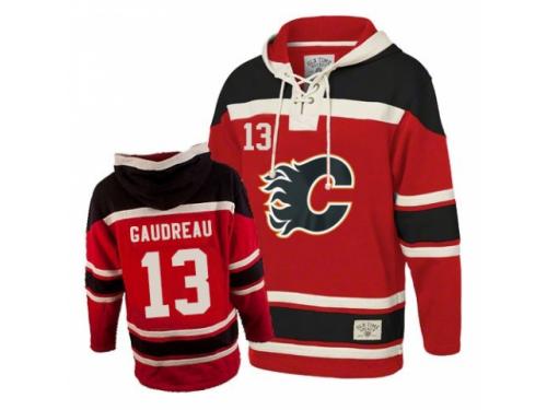 Men Old Time Hockey Calgary Flames #13 Johnny Gaudreau Premier Red Sawyer Hooded Sweatshirt