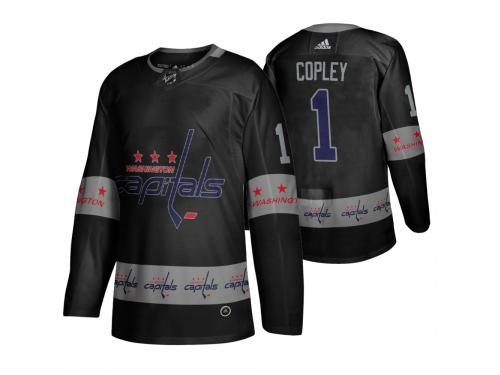 Men's Capitals #1 Pheonix Copley Black Breakaway Logo sleeve Jersey